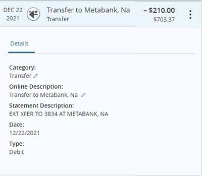 Apple Saving Bank Transfer to Metabank, N.A. $210