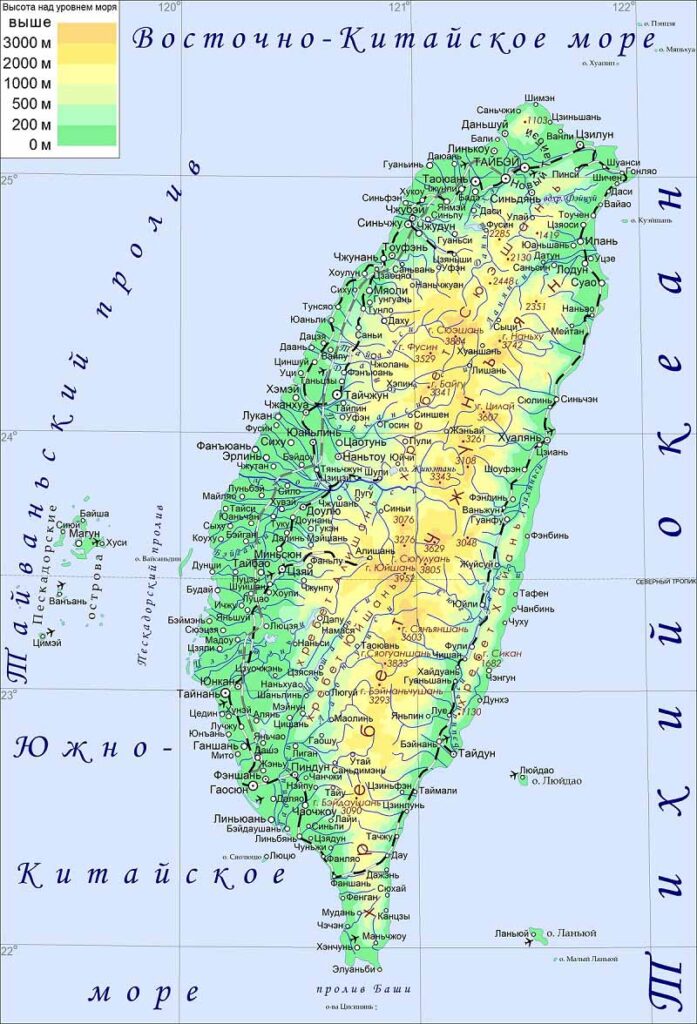 Остров Тайвань. Физическая карта.